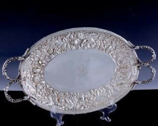 Fine Large C1880 Kirk Steiff Rose Repousse Sterling Silver Handled Serving Tray