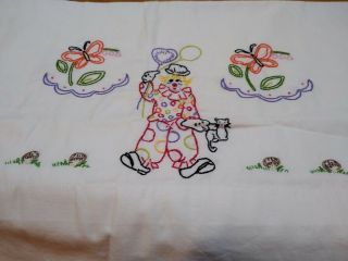 Vintage Embroidered Pillowcase With Clown And Butterflies