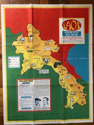 Vintage Map Laos Education Wall Map Poster Vietnam War Era Propaganda 1966