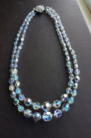 Vintage 1950s 2 - Strand Glass Crystal Bead Necklace With Aurora Borealis Rhinesto