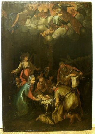 Antique Baroque Oil Painting On Wood Panel " The Holy Nativity " 1600 - 1700 Circa