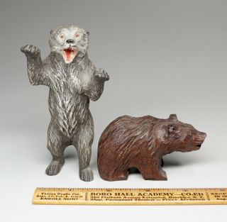 2 Vintage Bear Figurines 3 " Carved Wood,  Standing 4.  25 " Germany