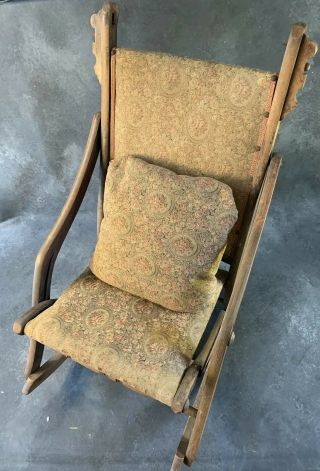 Antique Early Folding Rocking Chair Wooden Upholstered Victorian Roses Foral