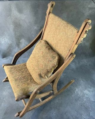 Antique Early Folding Rocking Chair Wooden Upholstered Victorian Roses Foral 2