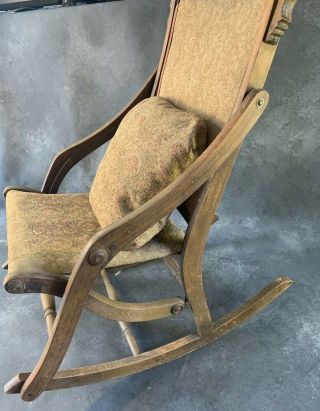 Antique Early Folding Rocking Chair Wooden Upholstered Victorian Roses Foral 3