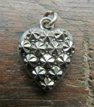 Antique Victorian Sterling Silver Puffy Heart Charm Raised Rosettes Lovely