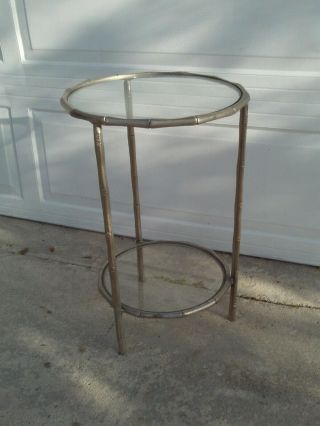 Vintage Mid Century Silver Faux Bamboo Round Metal 2 Tier 3 Leg Side Table