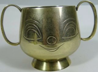 Vtg Nickel Silver Plated Brass Clad Cup Mug 2 Handles Childs Smiley Face 1930s