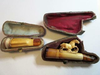 Antique Victorian Amber & Carved Meerchaum Cheroot,  Cigarette,  Cigar Holders