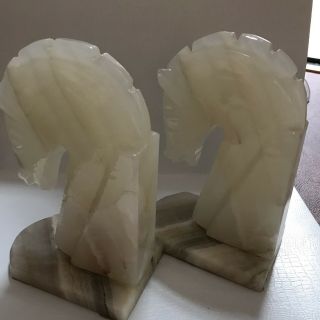 Vintage Horse Head Bookends Hand Carved Onyx Rock Marble Stone Book Ends Set 2