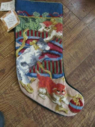 Vtg Jabara Mischievious Cats Kittens Wool Needlepoint Christmas Stocking 21 "