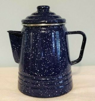 Vintage Blue Speckled Enamelware Coffee Pot With Basket And Stem 6 Cup Euc
