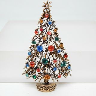 Designer A.  R.  T.  Flocked Christmas Tree Colorful Rhinestone Pin Gold Vtg Brooch