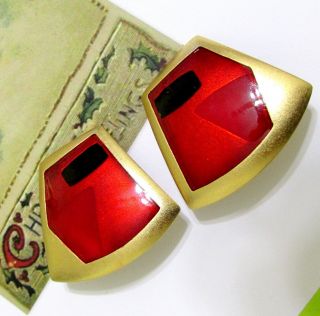 Vtg Rare Runway Deco Modernist Monet Red Enamel Earrings Satin Gp 80s Clips
