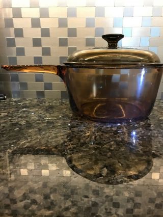 Vintage Corning Pyrex Vision Ware 1.  5 L Amber Glass Pot Sauce Pan With Lid