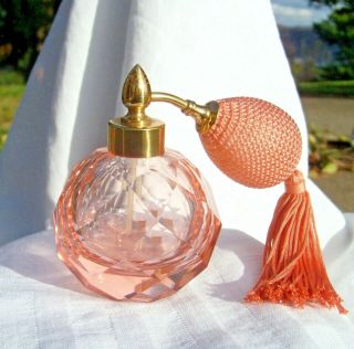 Vintage Irice Hand - Cut Pink/peach Crystal Glass Perfume Atomizer Bottle New/bulb