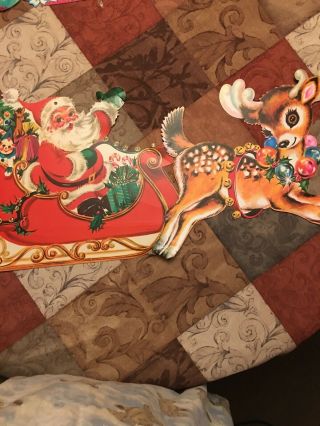 Vintage Mid Century Die Cut Cardboard Santa & Sleigh And Reindeer Decoration