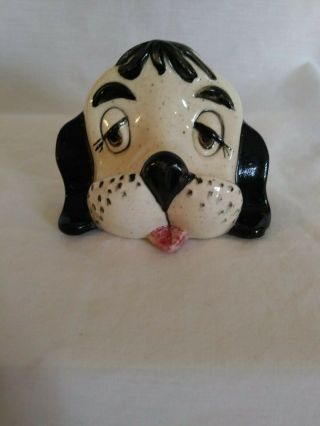 Vintage Ceramic Puppy Dog Eyeglass Holder Caddy Black White Mid Century