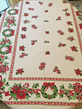 Christmas Table Cloth Wreaths Bells And Red Poinsettias 60 " X 92 " Large Vtg Mcm