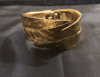 Vintage Crown Trifari Brushed Gold Tone Leaf Hinged Cuff Bracelet