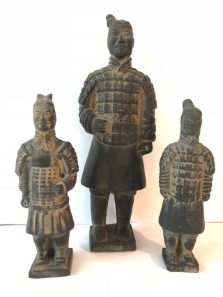 3 Vintage Chinese Standing Terracotta Warrior Soldier Statues Black Clay Figures
