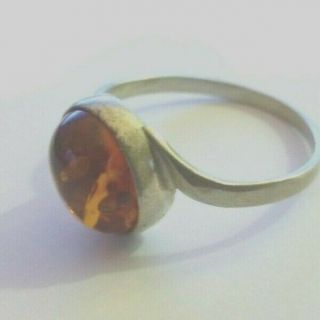 Vintage Sterling Silver 925 & Amber Ring Size R In Uk