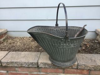 Vintage Reeves Metal Coal Ash Bucket Scuttle Can With Scoop 17