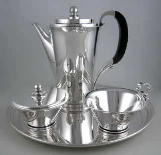 Sterling Georg Jensen Pyramid (1930) 4 Piece Coffee Set Including Cartier Tray
