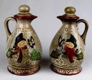 Vtg.  Oil & Vinegar Cruet Set - Christmas Snowman Design - " Bless Us One And All "