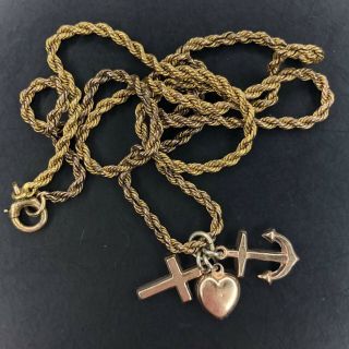 Antique Victorian Faith Hope Charity Charm Necklace Heart Anchor Cross 18” Rgp