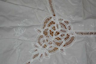 Gorgeous Vintage Hand Embroidered White Cotton Cut Work Table Cloth 62 " X 98 "