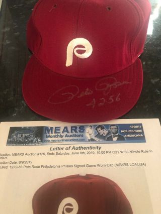 1979 - 83 Pete Rose Phillies Game Worn Cap Mears Signed Twice