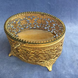 Vintage Hollywood Regency Gold Filigree Jewelry Trinket Display Box Glass Lid