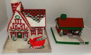 2 Vintage Handmade Plastic Canvas Needlepoint Holiday Houses - Completed