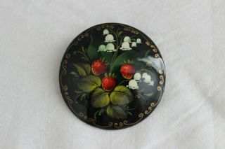 Vintage Russian Hand Painted Lacquer Brooch Pin Artist Signed Strawberries