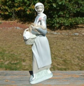 Vintage Retired Lladro Spain 4591 Girl With Cockerel & Basket Glazed Figurine