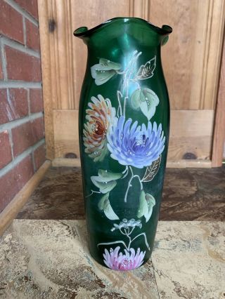 Bristol Emerald Antique Vintage Victorian Hand Painted Glass Vase
