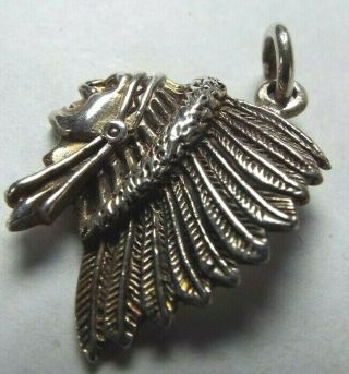Vintage Solid Sterling Silver 925 Indian Chief Head Dress Charm Pendant