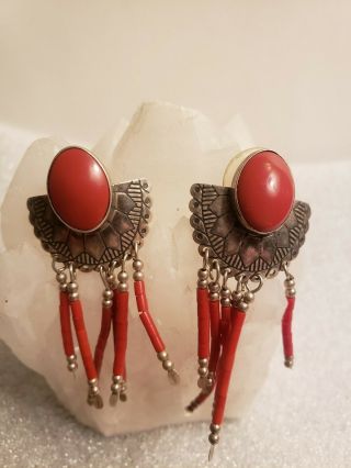 Vintage Navajo Signed Tk (emerson) Red Coral Sterling Silver Concho Earrings