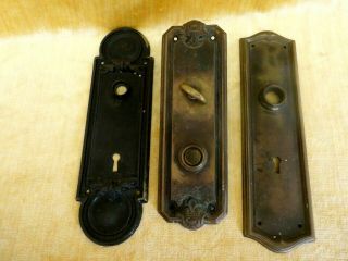 3 Vintage Brass Door Back & Knob Plates.