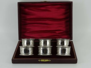 Edwardian Solid Sterling Silver Set Of Six Napkin Rings Birmingham 1908 Cased
