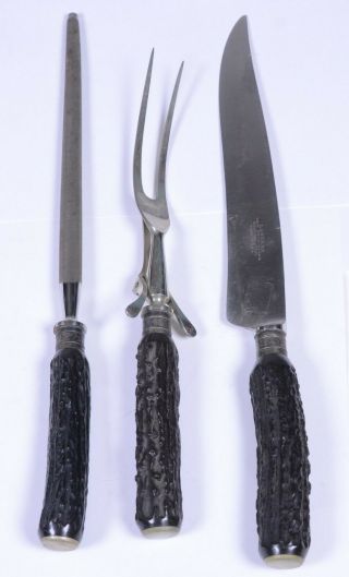 Vintage 3 Pc Set Landers Cutlery Carving Knife Clipfork Sharpener Antler Handles
