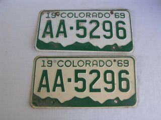 Vintage 1969 State Of Colorado Auto License Plate Pair Matching Plates Aa - 5296
