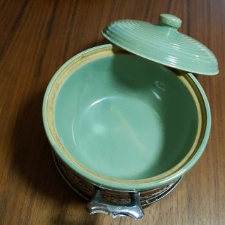 Vintage Monmouth Pottery Western Stoneware Pottery Covered Bowl w Metal Caddy 3
