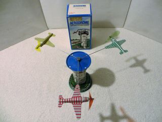 Vintage Schylling Tin Wind Up Toy Aerodrome Airport Control Tower Planes Litho