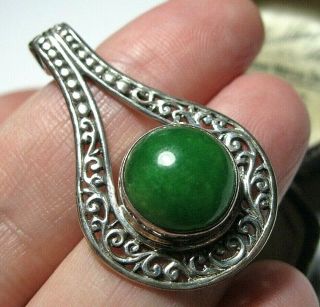 Vintage Sterling Silver Real Green Jade Stone Good Sized Necklace Pendant