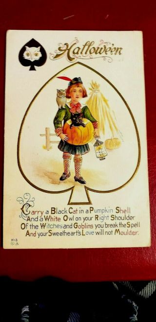 Vintage Halloween Postcard Gold Lined Spade With A Girl Dressed Scottish H - 13