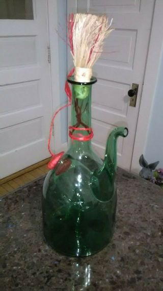 Vintage Green Glass Wine Bottle Decanter W/ice Chamber Hand Blown Made In Italy