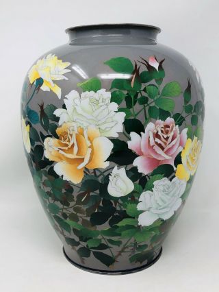 Vintage Ando Japanese Cloisonne Vase Gray W/roses - Large 12 " Tall - Signed