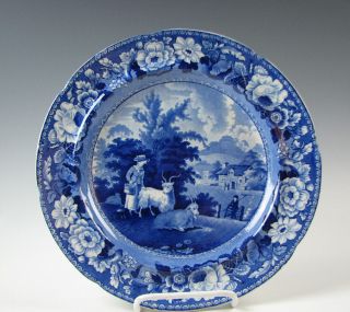 Dark Blue Staffordshire 10&1/4 " Plate Woman W/goats Rose/flower Border Antique